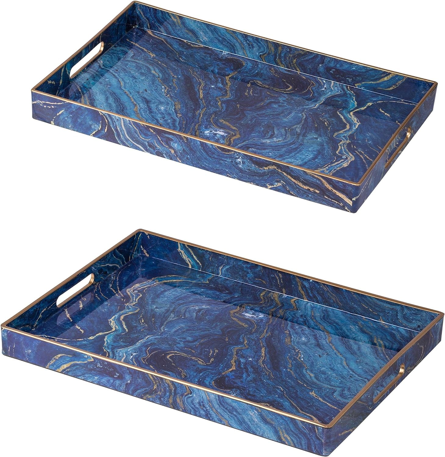 Blue and Gold Rectangular Plastic Serving Trays, Set of 2