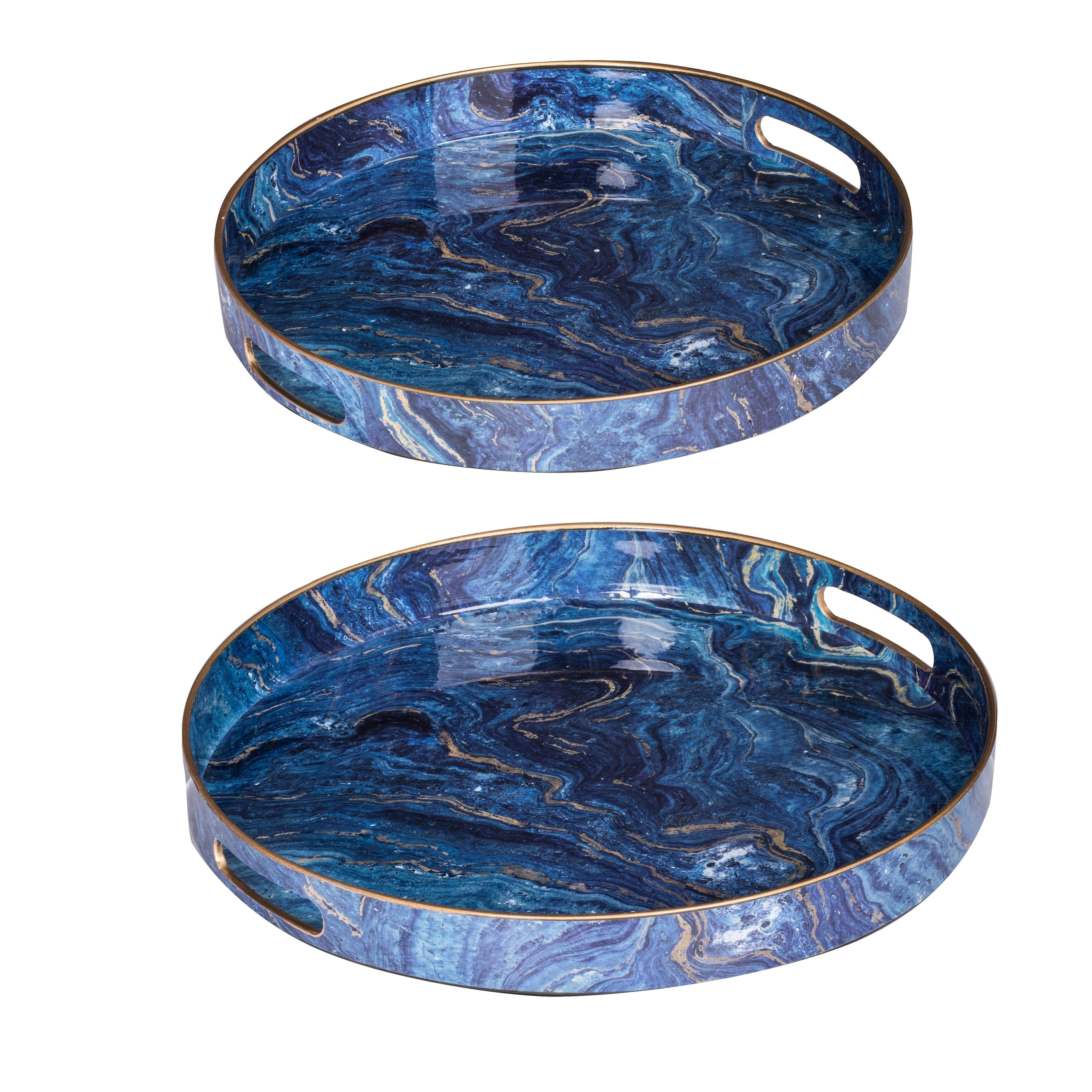 Marbled Blue Round Plastic Serving Trays with Cutout Handles (Set of 2)