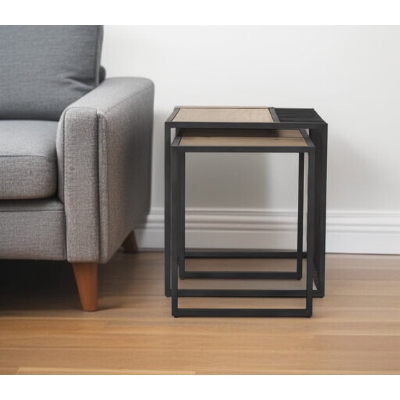 HomeRoots 604466 Natural & Black Solid Wood & Metal Square Sled Nested Tables - Set of 2