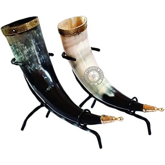 Set of Two Ox Horn Drinking Beer Mug Brass Rim Medieval Viking Cup With Iron Stand$$Home Decor, Kitchen, & Other