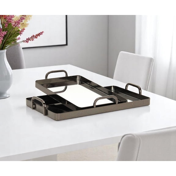 Set of Two Pewter Aluminum And Mirrored Glass Handmade Serving Trays