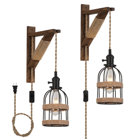 Set of Two Plug-In Farmhouse Wall Sconces with Wood Accent and Braided Cord, Rustic Industrial Hanging Lamps for Bedroom or Living Room Corner