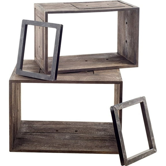 Set of Two Rustic Dark Brown Cube Box Shelves