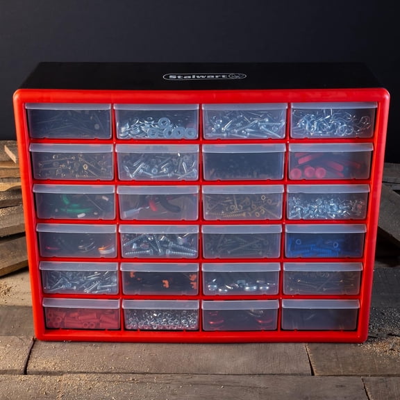 Set of Two Storage Bins with Drawers Pair of 12 and 24 Drawer Desktop or Wall Mount Plastic Tool Organizers for Hardware or Crafts by (Red)