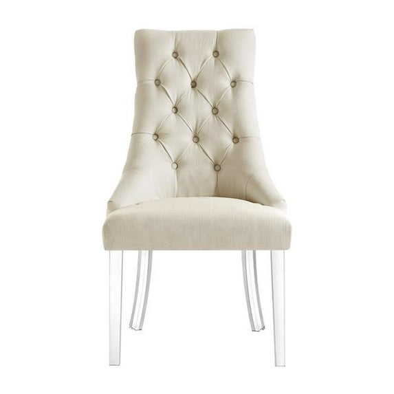 HomeRoots Tufted Upholstered Linen Dining Side Chairs, Cream & Clear - Set of 2