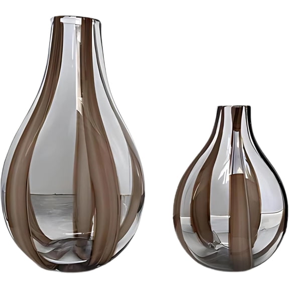 Aria Home Modern Striped Teardrop Handblown Glass Vases, Stylish Home Dcor, Set of 2, Brown