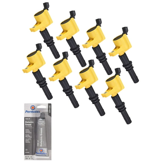 Set of Yellow Ignition Coils and Tune-Up Grease Compatible with 2005-2008 Ford Expedition 5.4L V8 -cc 330ci Replacement for FD508, UF537