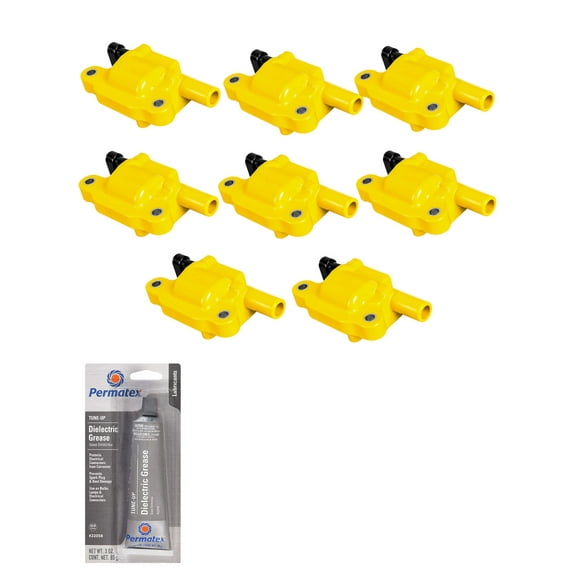Set of Yellow Ignition Coils and Tune-Up Grease Compatible with 2009-2011 Cadillac Escalade 6.0L V8 5967cc 364ci Replacement for UF413