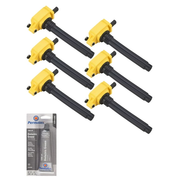Set of Yellow Ignition Coils and Tune-Up Grease Compatible with 2011-2014 Chrysler 300 3.6L V6 3604cc 220ci Replacement for UF648