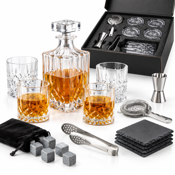 Set of eight non-lead crystal decanter set with bar accessories for rum, wedding, anniversary