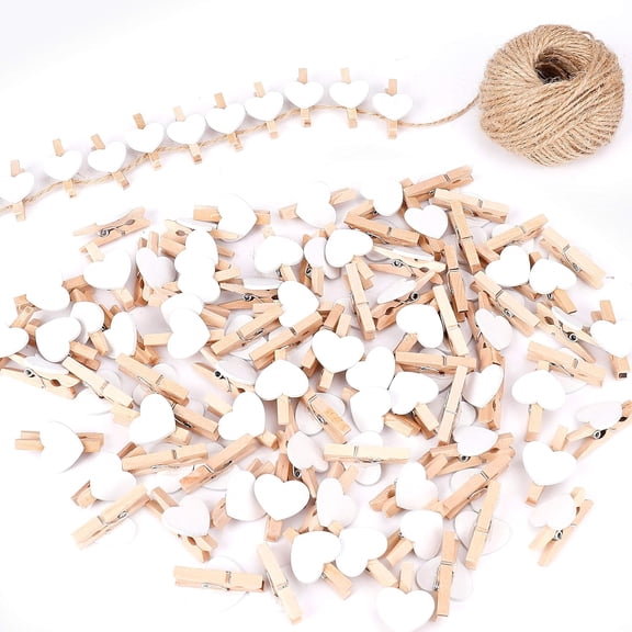 Wooden Heart-Shaped Coat Hooks, Multicolored/White, 100 Pack with 30m Jute String included
