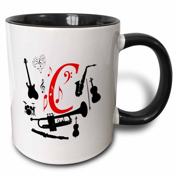 Set of musical instruments. Black, red notes. Awesome red letter C 15oz Two-Tone Black Mug mug-298425-9