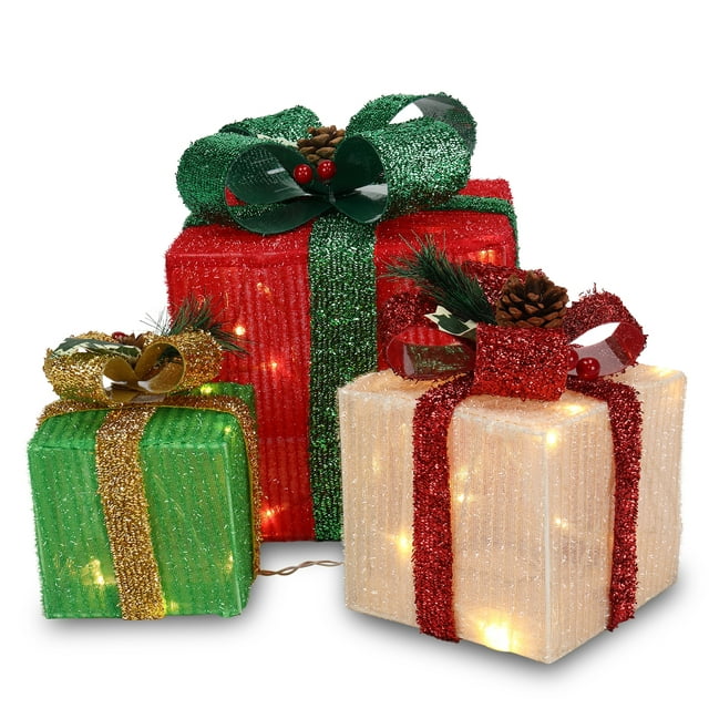 Set ot 3 Christmas Lighted Gift Boxes, ABS LED60 Light Warm White Light ...