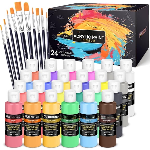 Set with Brushes, 24 Colors(100ml, 3.4 oz) Kit, for Artist, Beginner, Ideal for , Canvas, Rocks, Craft Painting Supplies