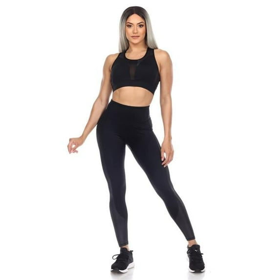 Set18580-01-L Women Cut Out Back Mesh Sports Bra & Leggings Set, Black - Large