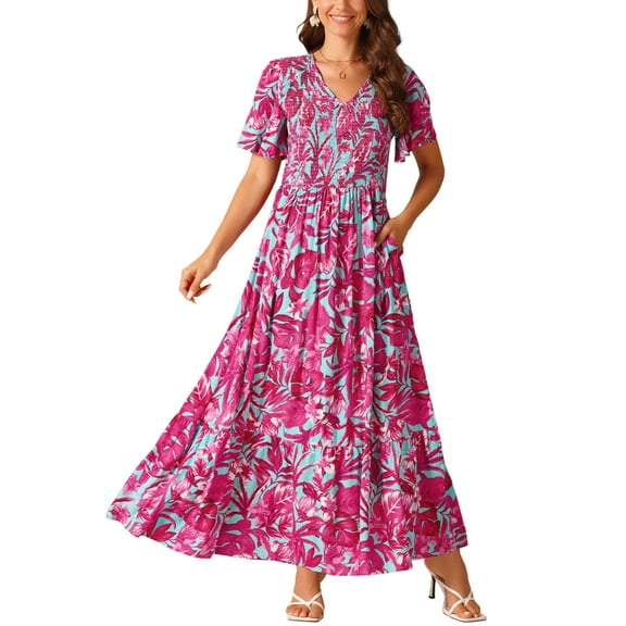 INSPIRE CHIC Women's Summer Casual V Neck Floral Flutter Short Sleeves Smocked Flowy with Pockets Maxi Dresses S Hot Pink