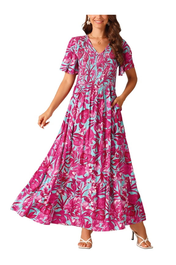 Women's Maxi Dress V Neck Flutter Sleeve Tiered Ruffle Casual Long Dress Hot Pink XL