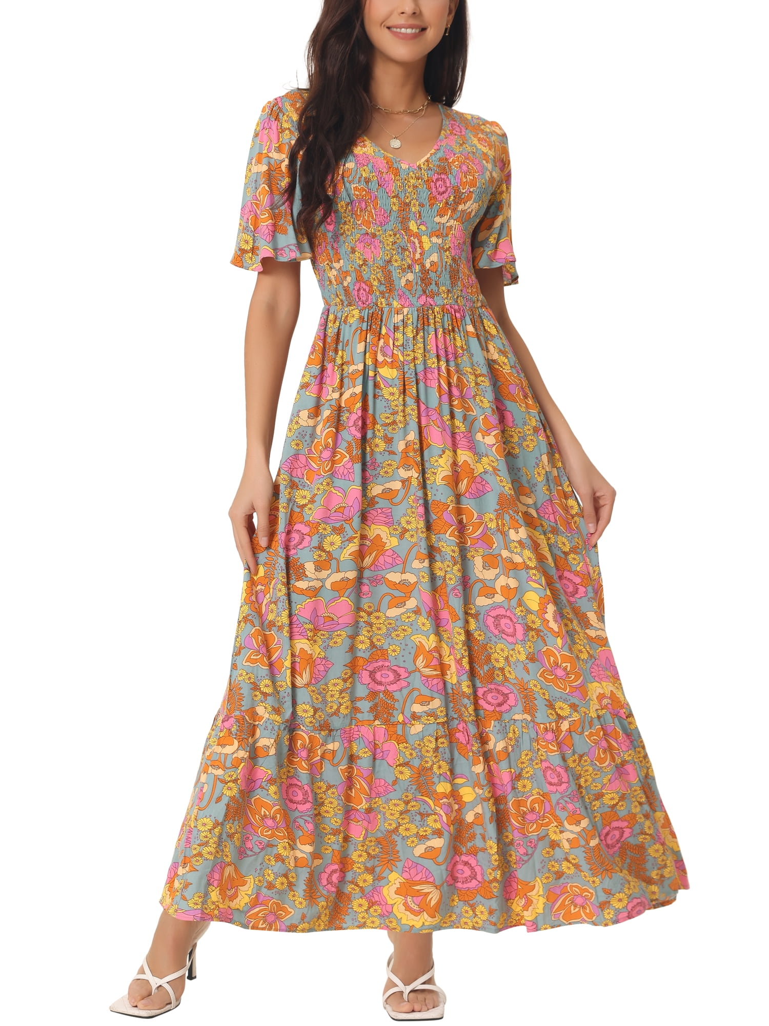 Long Sleeve Maxi Dress CUPSHE Women's Floral Maxi Dress - V-Neck Long  Sleeve Smocked Waist For Fall & Wedding Guest Casformal Long Dress For Women