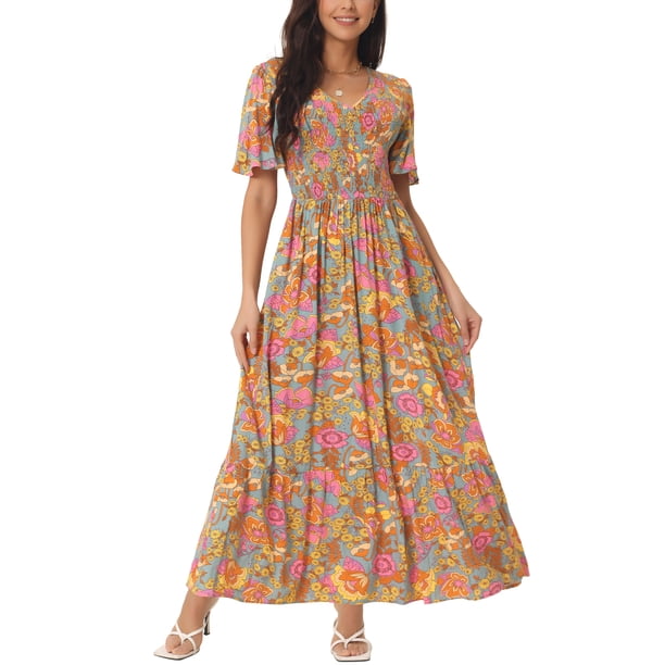 INSPIRE CHIC Women's Maxi Dress V Neck Flutter Sleeve Tiered Ruffle Casual Long  Dress Grey Green XL - Walmart Business Supplies