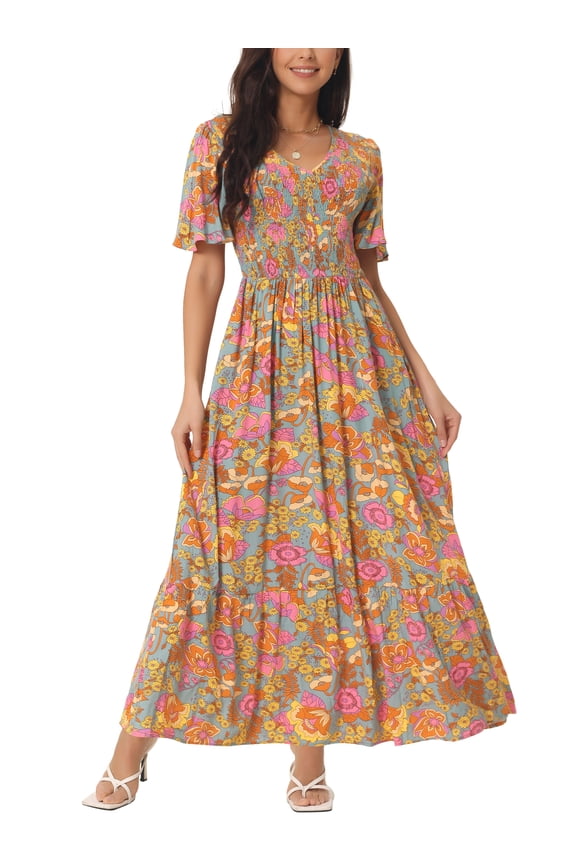 Women's Maxi Dress V Neck Flutter Sleeve Tiered Ruffle Casual Long Dress Grey Green XL