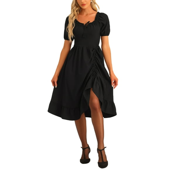 INSPIRE CHIC Vintage Corset Dress for Women's Ruffle Square Neck Smocked Back Ruched High Low Ruffle Midi Dress Black XS