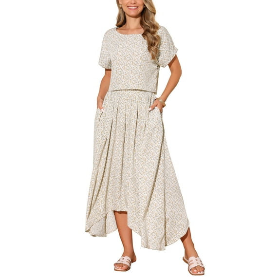 INSPIRE CHIC Women's 2 Piece Summer Outfits Casual Floral Dress Crewneck Tops and Pleated Maxi Skirt Dress Sets S Apricot