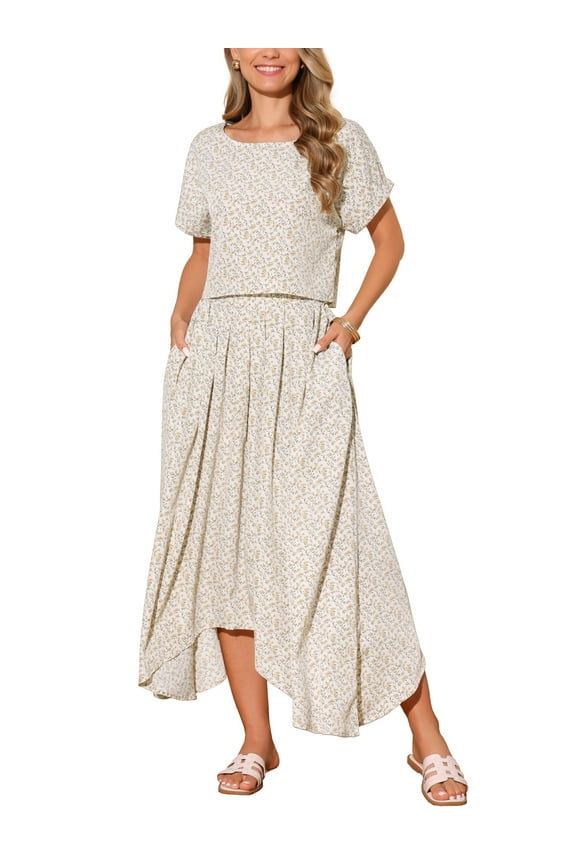 Women's 2 Piece Summer Outfits Casual Floral Dress Crewneck Tops and Pleated Maxi Skirt Dress Sets XL Apricot
