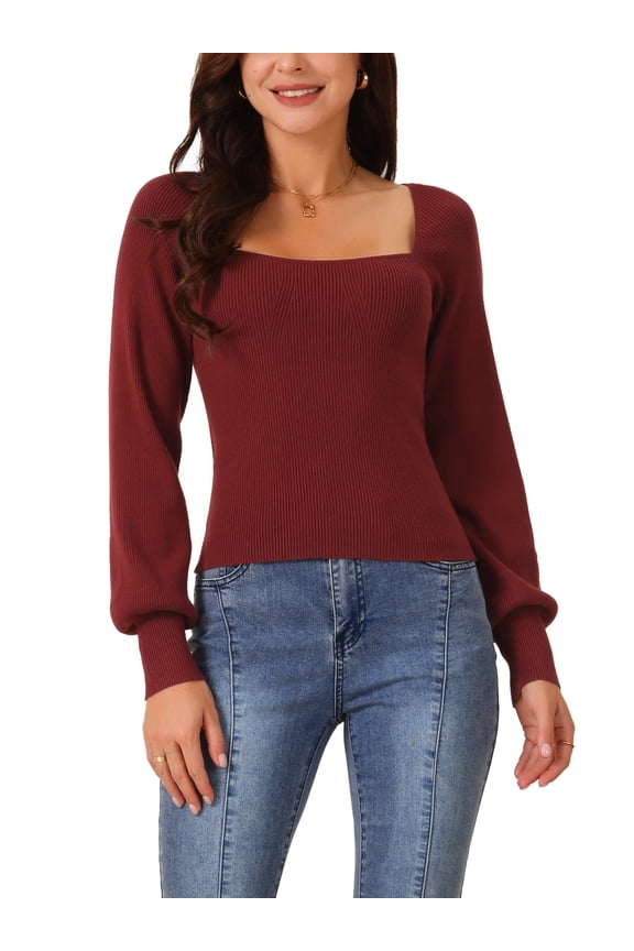 Women's Bishop Long Sleeve Square Neck Stretch Ribbed Knit Slim Fit Solid Crop Sweater Top M Wine Red