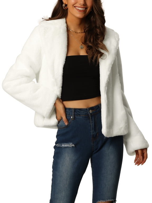 Women's Cropped Faux Fur Coat Fashion Winter Open Front Jacket Notch Lapel Long Sleeve Fluffy Coat L White