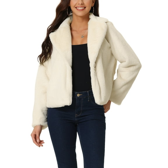 Women's Cropped Faux Fur Coat Fashion Winter Open Front Jacket Notch Lapel Long Sleeve Fluffy Coat M Beige