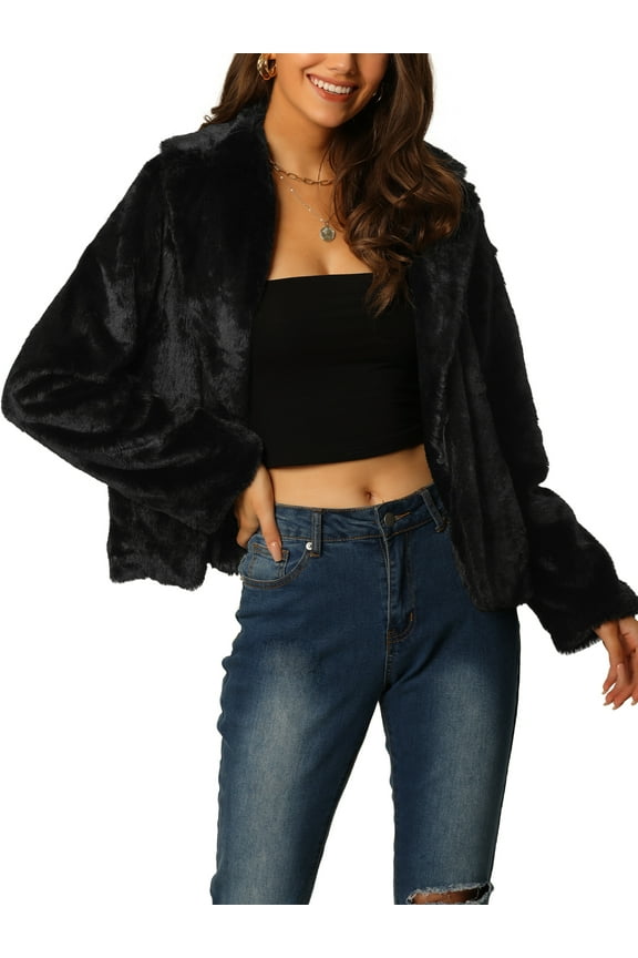 Women's Cropped Faux Fur Coat Fashion Winter Open Front Jacket Notch Lapel Long Sleeve Fluffy Coat M Black
