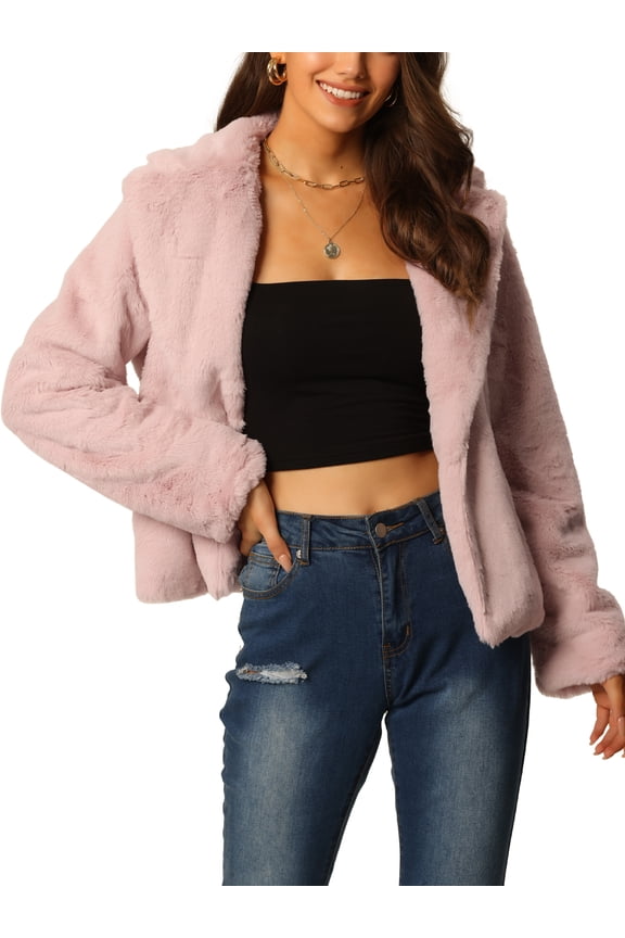 Women's Cropped Faux Fur Coat Fashion Winter Open Front Jacket Notch Lapel Long Sleeve Fluffy Coat M Dusty Pink