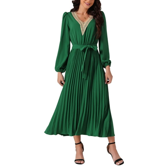 INSPIRE CHIC Women's Casual Long Sleeve V Neck Flowy Pleated Midi Dress with Belt