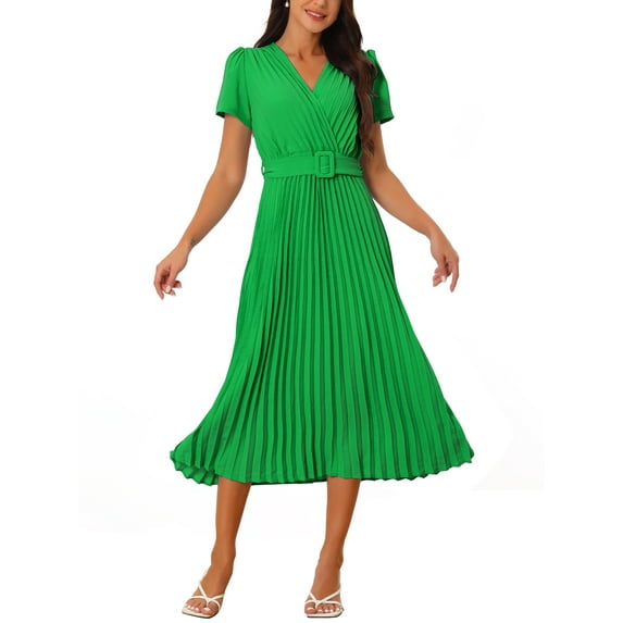 INSPIRE CHIC Women's 2024 Casual Short Sleeve Wrap V Neck Flowy Pleated Midi Dress with Belt