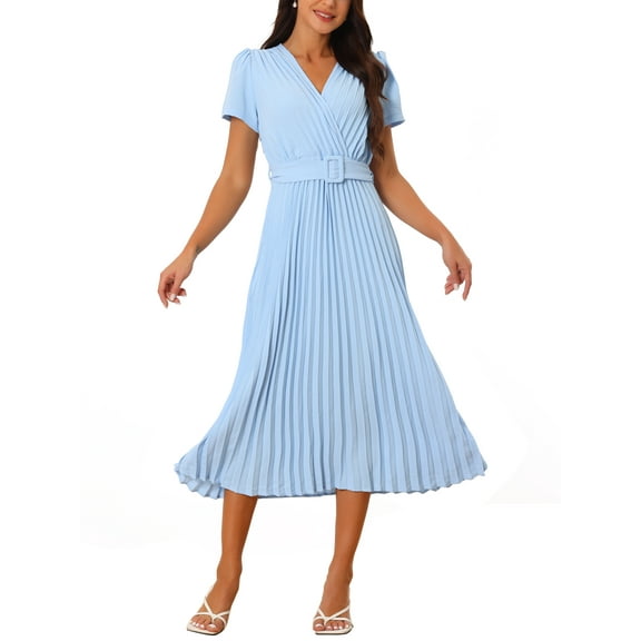 INSPIRE CHIC Women's 2024 Casual Short Sleeve Wrap V Neck Flowy Pleated Midi Dress with Belt