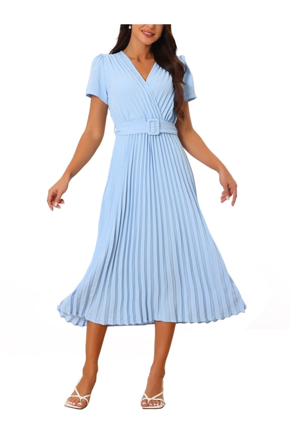 Women's 2024 Casual Short Sleeve Wrap V Neck Flowy Pleated Midi Dress with Belt