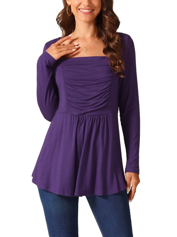 Women's Long Sleeve Shirts Square Neck Loose Fit Blouses Pleated Flowy Tunic Tops