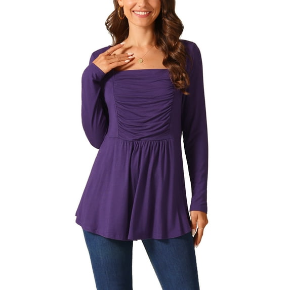 INSPIRE CHIC Women's Long Sleeve Shirts Square Neck Loose Fit Blouses Pleated Flowy Tunic Tops