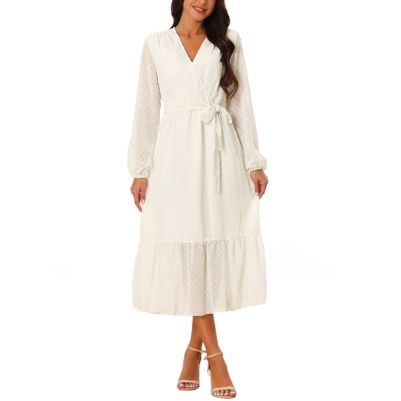 INSPIRE CHIC Women's 2024 Swiss Dots Midi Dress Long Sleeve V Neck Boho Long Dress High Waisted A-Line Swing Dress