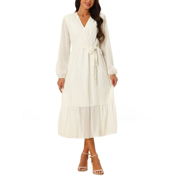 INSPIRE CHIC Women's 2024 Swiss Dots Midi Dress Long Sleeve V Neck Boho Long Dress High Waisted A-Line Swing Dress