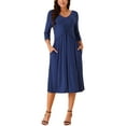 thumbnail image 1 of INSPIRE CHIC Women's 2024 Twist Knot Front V Neck 3/4 Sleeve Casual A-line Midi Dress with Pockets, 1 of 4
