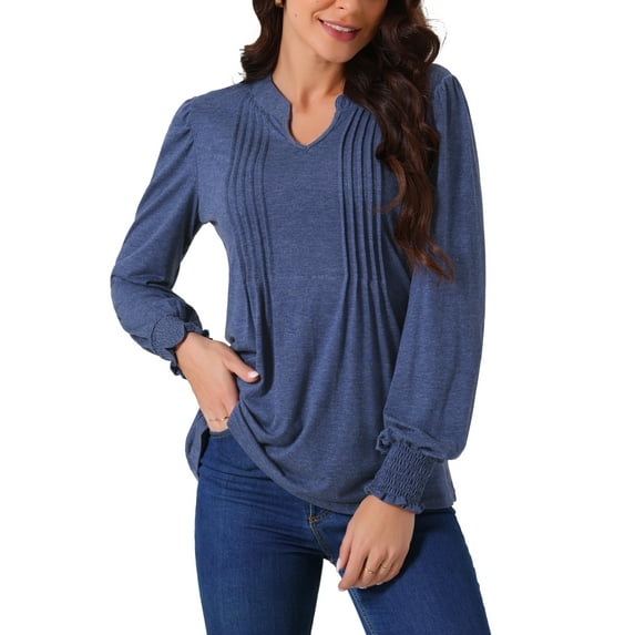 INSPIRE CHIC Women's V Neck Long Sleeve T Shirts Pleated Casual Tunic Blouse Tops