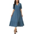 thumbnail image 1 of INSPIRE CHIC Women's Boho Dress Ruffle Short Sleeve V Neck Swiss Dots Tie Midi Dress XL Blue, 1 of 6