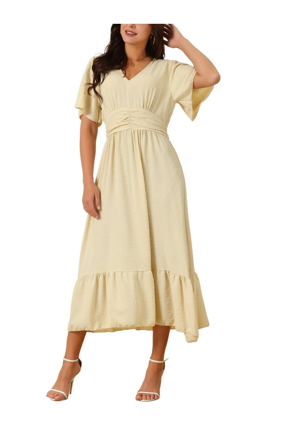 Women's Boho Dress Ruffle Short Sleeve V Neck Swiss Dots Tie Midi Dress S Apricot