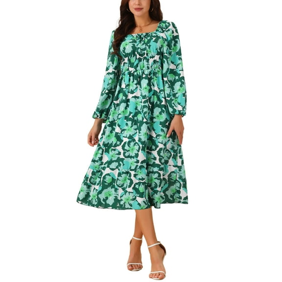 INSPIRE CHIC Women's Boho Dresses Square Neck Long Sleeve Floral Flowy Midi Casual Vacation Sundress