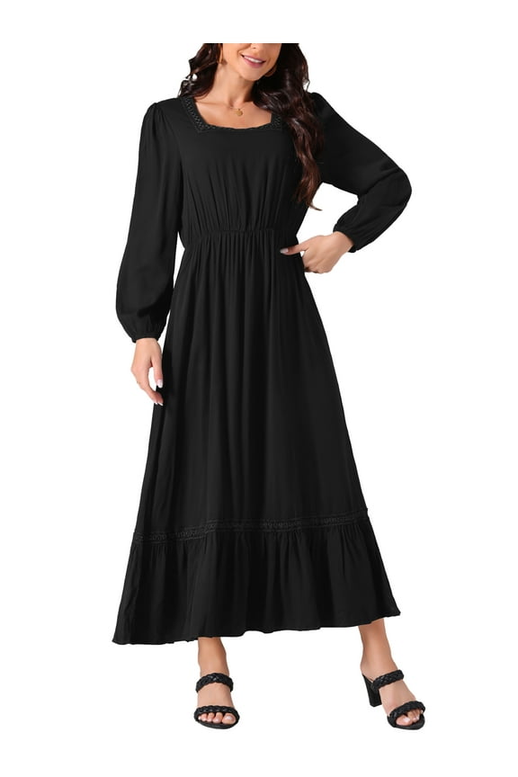 Women's Boho Long Sleeve Square Neck Elastic High Waist Flowy A-Line Maxi Dress with Pockets M Black
