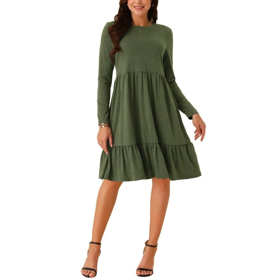 INSPIRE CHIC Women's Casual Babydoll Dress with Pockets Long Sleeve Round Neck Tiered a Line Flowy Dress M Army Green
