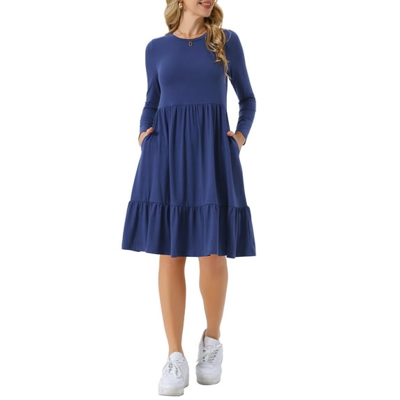 INSPIRE CHIC Women's Casual Babydoll Dress with Pockets Long Sleeve Round Neck Tiered a Line Flowy Dress M Dark Blue