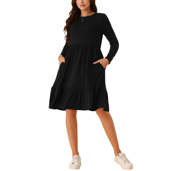 INSPIRE CHIC Women's Casual Babydoll Dress with Pockets Long Sleeve Round Neck Tiered a Line Flowy Dress