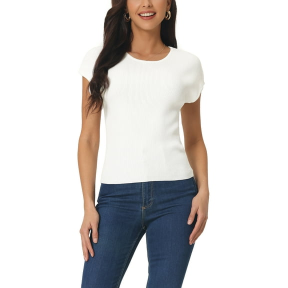 INSPIRE CHIC Women's Casual Cap Sleeve Knit T Shirts Crewneck Basic Summer Tops Slim Fit Solid Color Blouse M White